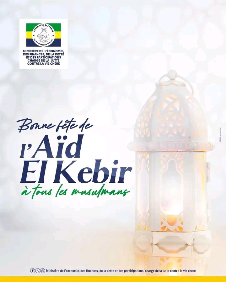 Le Ministre d’État, Ministre de l’Économie, des Finances, de la Dette et des Participations,
chargé de la Lutte contre la Vie Chère, ainsi que l’ensemble du personnel du Ministère,
adressent leurs vœux les plus chaleureux à la communauté musulmane du Gabon.