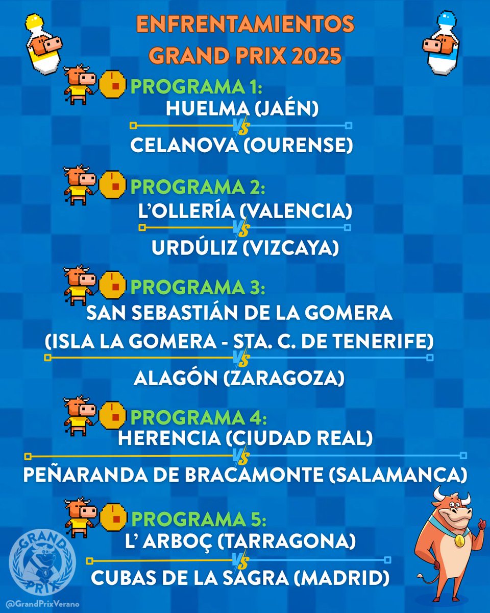 GrandPrixVerano's tweet photo. 🔴EXCLUSIVA 

⚔️Te contamos en primicia cuáles serían los enfrentamientos de cada uno de los programas eliminatorios de #GrandPrix2025 🐮

📺Pronto arrancan las grabaciones para un verano más con #GrandPrixTVE

🏘️Descubre qué pueblos participan en cada programa en la imagen👇 https://t.co/8adgVDBcNe