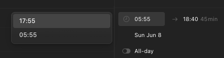 TechGuyTom's tweet photo. @NotionCalendar why when I type a time in of 05:55, the default is to give me 17:55? I'm literally typing the time that I want. https://t.co/OQSX3Squ29