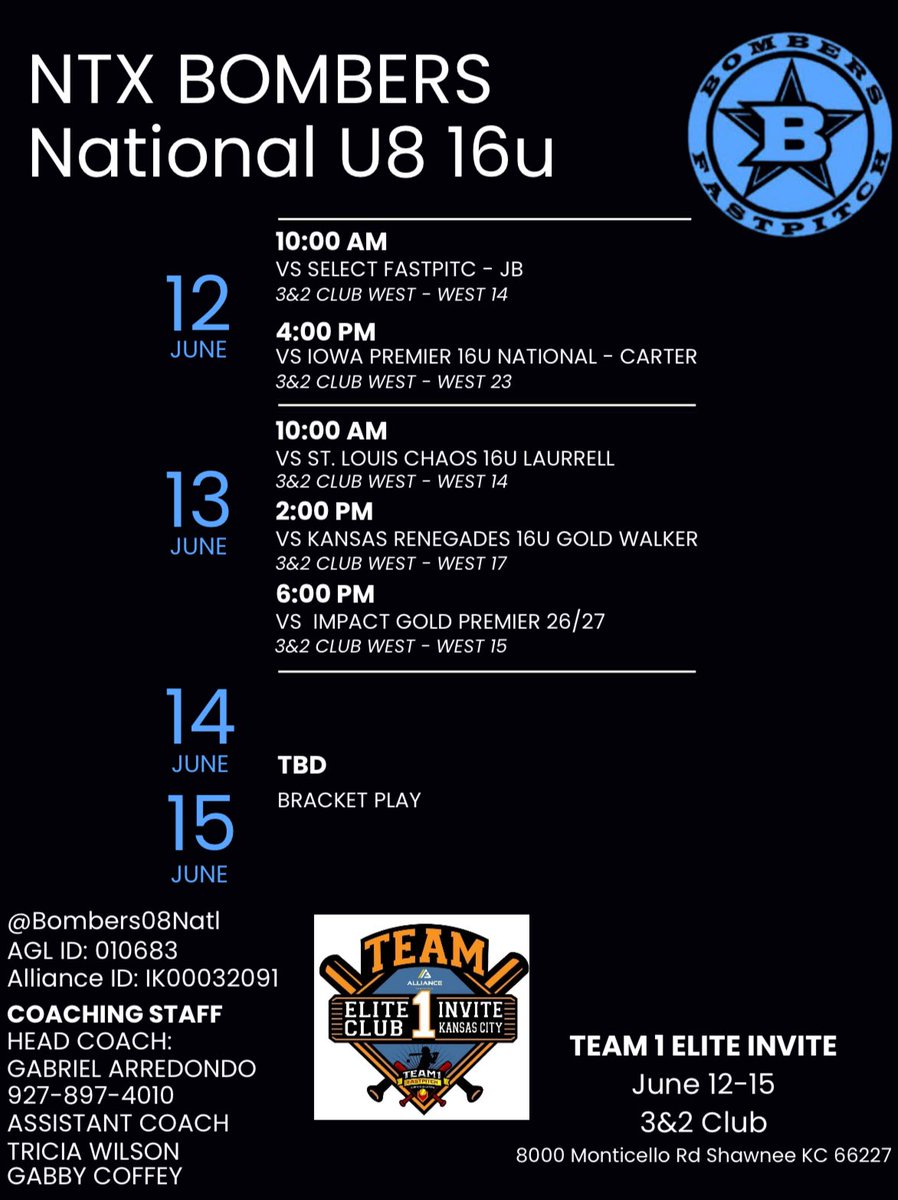 Texas Bombers NTX 08 - National (@bombers08natl) on Twitter photo Taking out softball to Kansas City this week, at the prestigious <a href="/Team1_fastpitch/">Team 1 Fastpitch</a> Elite Invite, Taking out softball to Kansas City this week, at the prestigious <a href="/Team1_fastpitch/">Team 1 Fastpitch</a> Elite Invite,