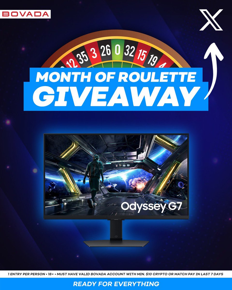 MONTH OF ROULLETE

Day 8 ➡️ 1 x 27" G70D 144Hz Odyssey

To enter:
⭐️ Follow <a href="/Bovada_Casino/">Bovada Casino</a> 
⭐️ Share this post
⭐️ Predict which number the roulette wheel will land on in the comments 👀

One winner will be announced at 9PM ET!

Check back tomorrow at 9AM for the next giveaway!