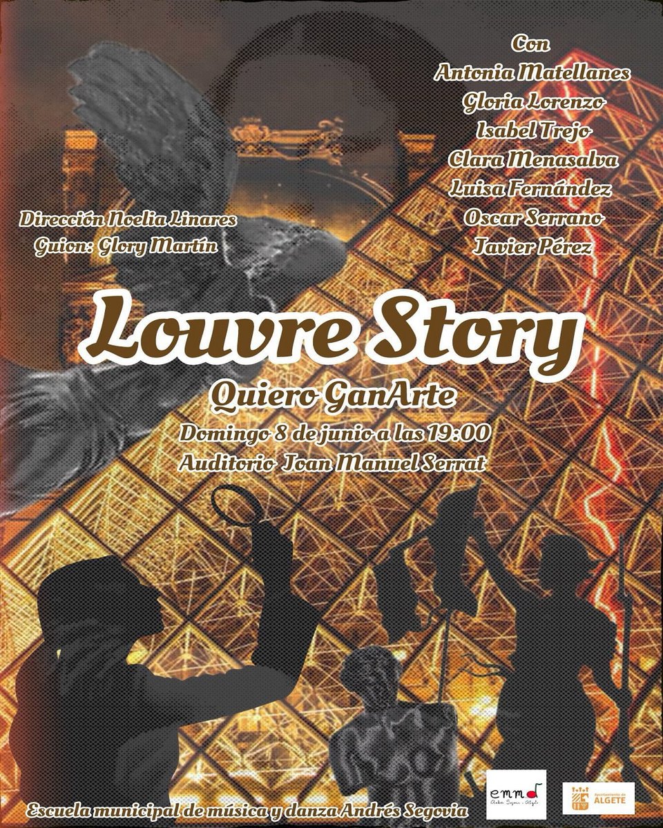 HOY domingo, interesante cita cultural en Algete.
Los alumnos del Aula de Teatro de la Escuela Municipal de Música y Danza Andrés Segovia, Algete representarán la obra “Louvre Store, Quiero GranArte”.
A las 7 de la tarde en el Joan Manuel Serrat.