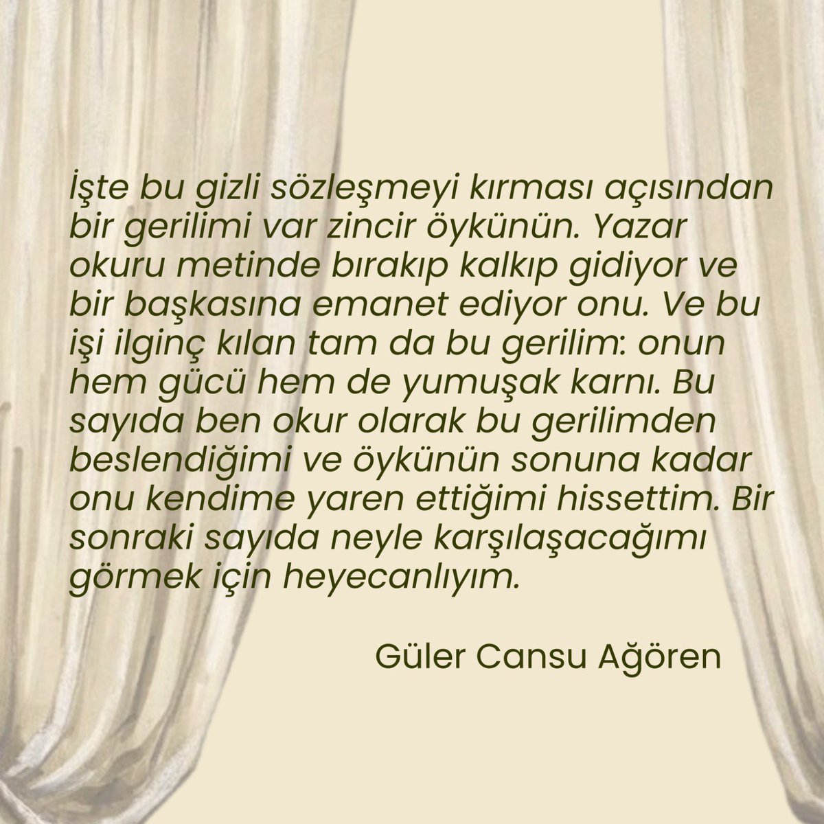 Kvasir Dergi (@kvasirdergisi) on Twitter photo ✍️OKUR DÖNÜŞÜ✍️
Okurlarımızdan Güler Cansu Ağören’in ilk sayımız “Aynı Öykünün Rüyası” hakkında yaptığı yorumlar.
İtinalı okuması ve değerli görüşleri için kendisine çok teşekkür ederiz 😇🙏🏻
Eleştirilerinizi siz de kvasirdergi@gmail.com üzerinden bizimle paylaşabilirsiniz. 🌿 ✍️OKUR DÖNÜŞÜ✍️
Okurlarımızdan Güler Cansu Ağören’in ilk sayımız “Aynı Öykünün Rüyası” hakkında yaptığı yorumlar.
İtinalı okuması ve değerli görüşleri için kendisine çok teşekkür ederiz 😇🙏🏻
Eleştirilerinizi siz de kvasirdergi@gmail.com üzerinden bizimle paylaşabilirsiniz. 🌿