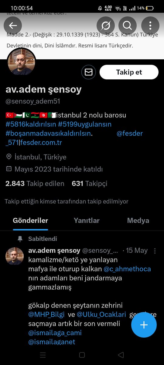 Bu şahıs ulu önderimiz Mustafa Kemal Atatürk'ün kurduğu cumhuriyetimizin nimetlerinden faydalanarak avukat olmasına rağmen "anti"kemalist olduğunu söylemekte ve çok sayıda buna benzer gönderileri paylaşmakta gereğini yapalım.