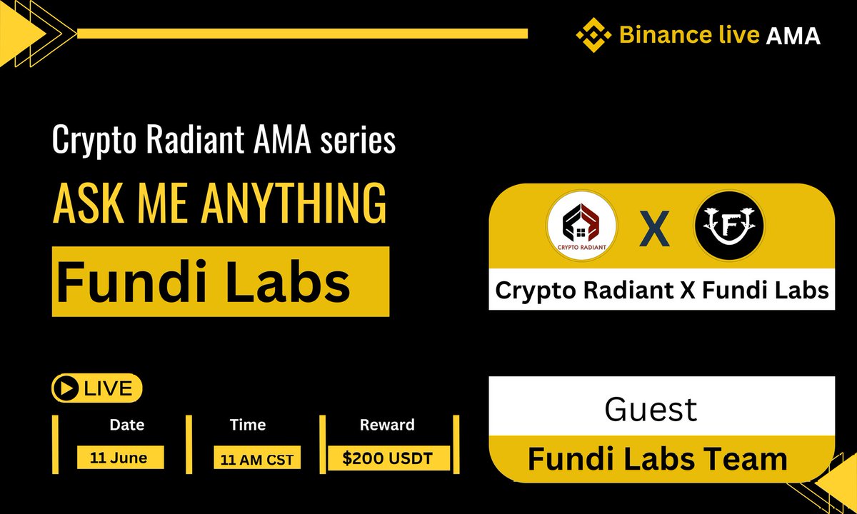 CryptoRadiant7's tweet image. 📢Join us in our upcoming #Binance Live AMA with @FundiProtocol 🔥

🗓️ 11 June , 2025 | 4 PM UTC 

📌Venue : binance.com/en-IN/live/u/3…

🎁 Reward : $200 USDT 

Rules :
➡️Follow: @CryptoRadiant7 &amp;amp; @FundiProtocol

➡️Like, Retweet, send Questions  here 👇