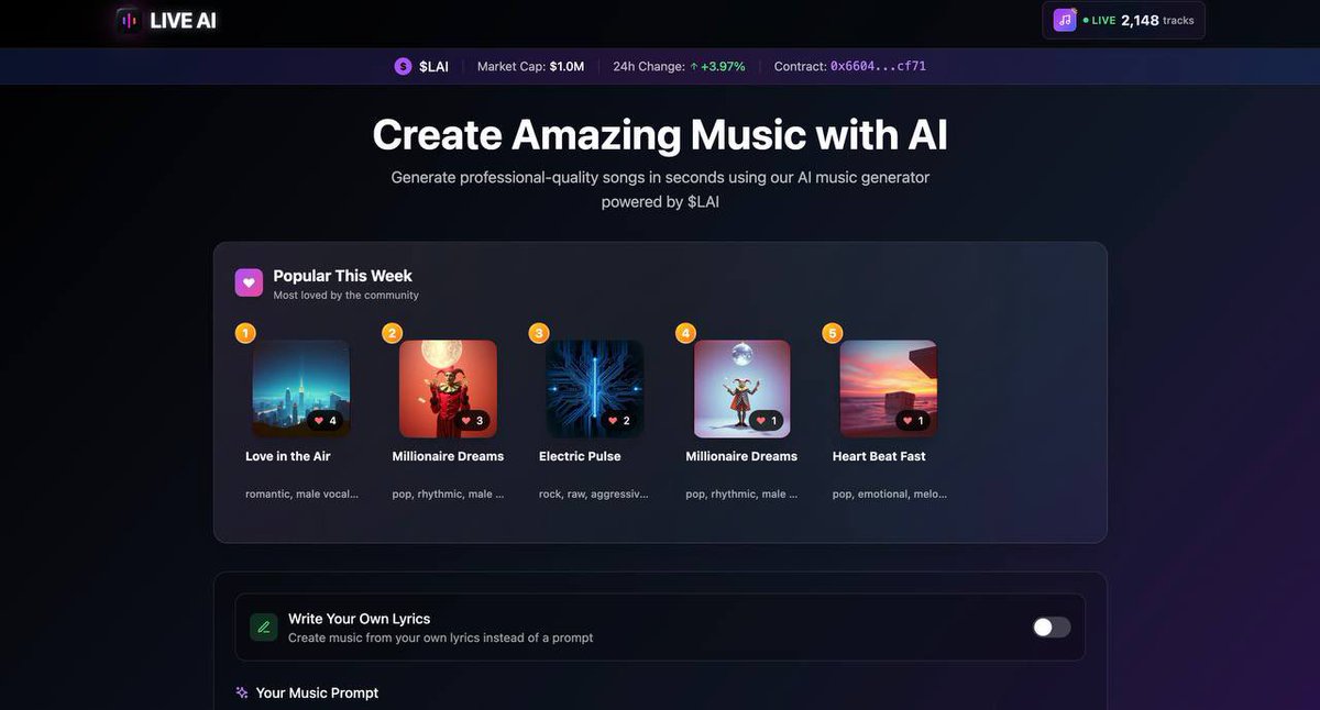 liveaieth's tweet photo. Our First Post Since Rebranding - LIVE AI Just Got a Major Upgrade 🎶

We’re back - rebranded, refined, and ready to lead the AI x music revolution. 

And what better way to start than with real usage + real updates?

We’re on the verge of 2,000+ AI songs created by YOU - the most fire community in the space 🔥🎶

🆕 What’s New on LIVE AI:

✅ Custom Lyrics (Beta) – You can now write your own lyrics, and our AI will turn them into full audio tracks. Total creative freedom is here.

✅ Upgraded Song Pages – Sharing your tracks just got smoother. Links now load faster, with more reliable playback across devices.

✅ General Fixes & UI Tweaks – Everything just feels better. Snappier performance, cleaner design, and an overall smoother experience.

This is just the beginning.

We’re building real tools, not hype. Let’s keep breaking the internet one AI track at a time.

🎧 Try it now: https://t.co/jQEmROcvbF 
📢 Join the community: https://t.co/aA7DVkKSrF