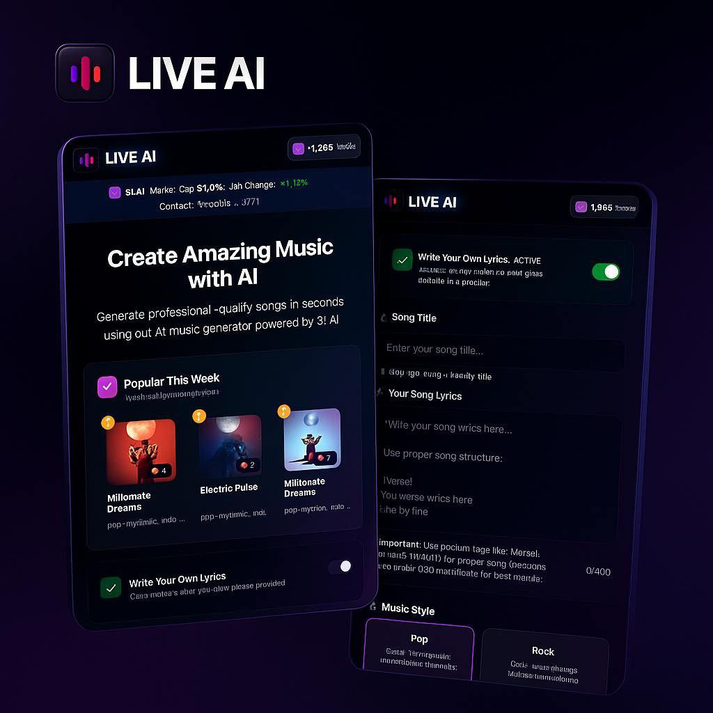 liveaieth's tweet photo. Our First Post Since Rebranding - LIVE AI Just Got a Major Upgrade 🎶

We’re back - rebranded, refined, and ready to lead the AI x music revolution. 

And what better way to start than with real usage + real updates?

We’re on the verge of 2,000+ AI songs created by YOU - the most fire community in the space 🔥🎶

🆕 What’s New on LIVE AI:

✅ Custom Lyrics (Beta) – You can now write your own lyrics, and our AI will turn them into full audio tracks. Total creative freedom is here.

✅ Upgraded Song Pages – Sharing your tracks just got smoother. Links now load faster, with more reliable playback across devices.

✅ General Fixes & UI Tweaks – Everything just feels better. Snappier performance, cleaner design, and an overall smoother experience.

This is just the beginning.

We’re building real tools, not hype. Let’s keep breaking the internet one AI track at a time.

🎧 Try it now: https://t.co/jQEmROcvbF 
📢 Join the community: https://t.co/aA7DVkKSrF