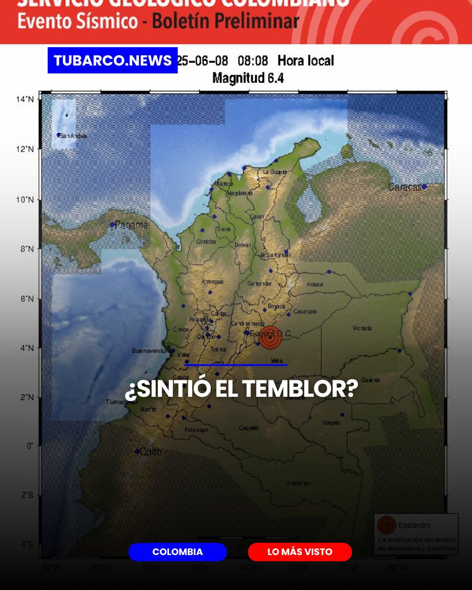 tubarconews's tweet photo. #NoticiasColombia | Este domingo 8 de junio, a las 8:08 a.m., se registró un sismo de magnitud 6.4 con epicentro en el departamento del Meta, según el Servicio Geológico Colombiano.

El movimiento telúrico se sintió con fuerza en varias regiones del país https://t.co/7XO6VQqGKx