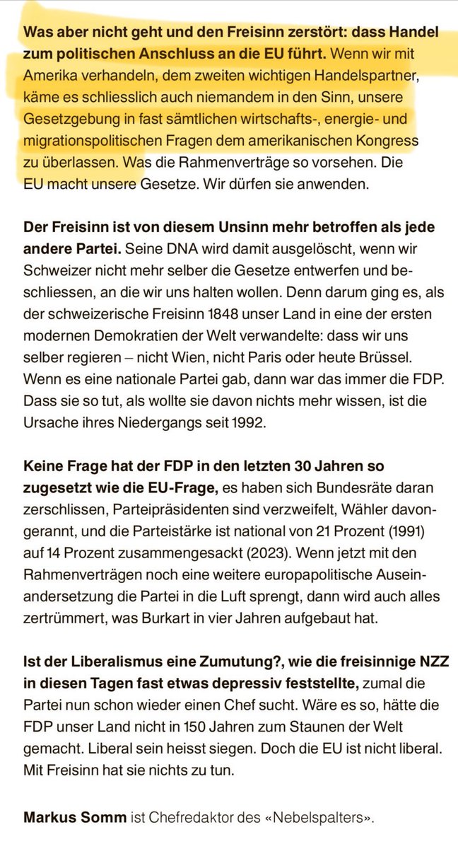 Thomas Aeschi (@thomas_aeschi) on Twitter photo Gute Analyse von <a href="/MarkusSomm1/">Markus Somm</a> <a href="/nebelspalter/">Nebelspalter</a> <a href="/sonntagszeitung/">SonntagsZeitung</a>: (Frei-)Handel darf nicht zum politischen Anschluss an die EU führen! Wir übernehmen ja auch nicht die Gesetzgebung der USA, nur weil die Schweiz (seit mehr als zwei Jahrhunderten!) mit den USA Handel treibt. Gute Analyse von <a href="/MarkusSomm1/">Markus Somm</a> <a href="/nebelspalter/">Nebelspalter</a> <a href="/sonntagszeitung/">SonntagsZeitung</a>: (Frei-)Handel darf nicht zum politischen Anschluss an die EU führen! Wir übernehmen ja auch nicht die Gesetzgebung der USA, nur weil die Schweiz (seit mehr als zwei Jahrhunderten!) mit den USA Handel treibt.