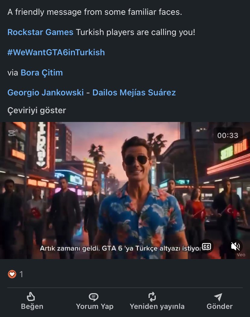 Rockstar Games çalışanlarına sesimizi duyurmak için LinkedIn’deki paylaşımımızı beğenmeyi ve yorum yapmayı unutmayın! 

Hep birlikte daha güçlü görünürüz.

Beğenmek ve yorum yapmak için tıklayın: bit.ly/45KpV7e

#WeWantGTA6inTurkish