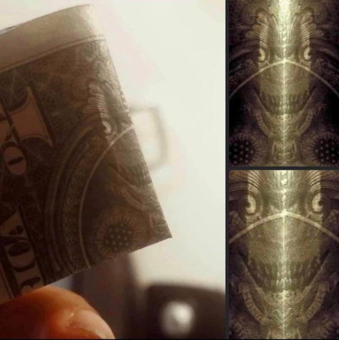 Recon_surv's tweet image. If you fold a dollar bill the right way and place it side by side, it reveals a reptilian face with sharp teeth!!