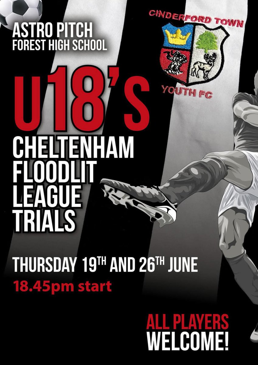 ⚽️⚽️ PRE SEASON ⚽️⚽️

Just over 2 weeks until our open training sessions begin.

If you're playing 16s , 17s, or 18s next season and interested in playing midweek under lights, please fill the form in on the link below.

cinderfordtownyouthfc.co.uk/cinderford-tow…