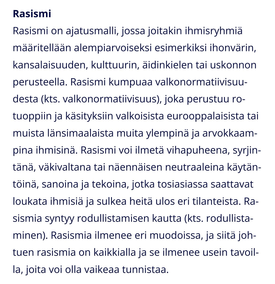 Tere Sammallahti | Espoo | Kokoomus 🇫🇮💙🇺🇦 (@teresammallahti) on Twitter photo THL: lisäksi myös <a href="/Opetushallitus/">Opetushallitus</a> tuottaa valkoihoisia demonisoivaa apartheid-aivopesua. Esimerkkinä tämä orwellilainen rasismi-termin kaasuvalotus. Ei ihme, että oppimistulokset laskussa.
THL:n ja OPH:n tehtävistä tulee lailla rajata moinen umpirasistinen lahkolaiskama pois. THL: lisäksi myös <a href="/Opetushallitus/">Opetushallitus</a> tuottaa valkoihoisia demonisoivaa apartheid-aivopesua. Esimerkkinä tämä orwellilainen rasismi-termin kaasuvalotus. Ei ihme, että oppimistulokset laskussa.
THL:n ja OPH:n tehtävistä tulee lailla rajata moinen umpirasistinen lahkolaiskama pois.
