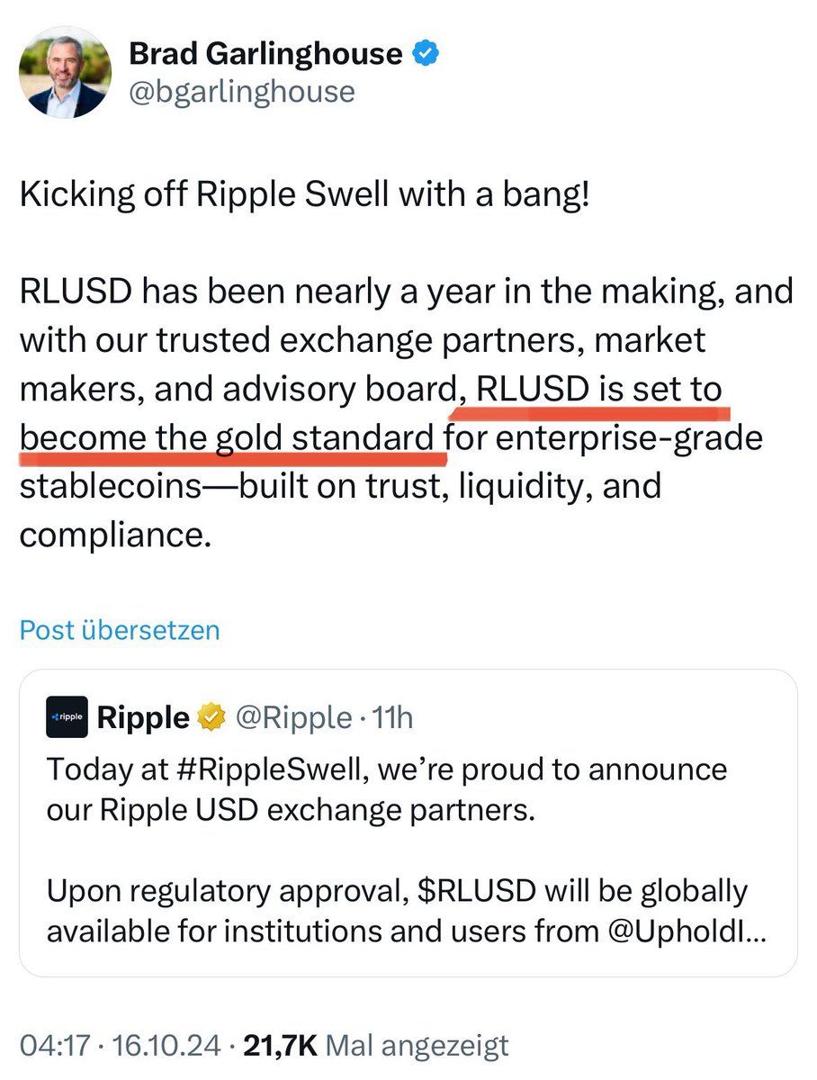 _Crypto_Barbie's tweet photo. ⚠️ REMEMBER WHEN RIPPLE CEO BRAD GARLINGHOUSE SAID THIS: 

„RLUSD IS SET TO BECOME THE GOLD STANDARD FOR ENTERPRISE-GRADE STABLECOINS!“ 🙌🏼 

#XRP = DIGITAL GOLD ⚜️ https://t.co/UWztsLIIWd