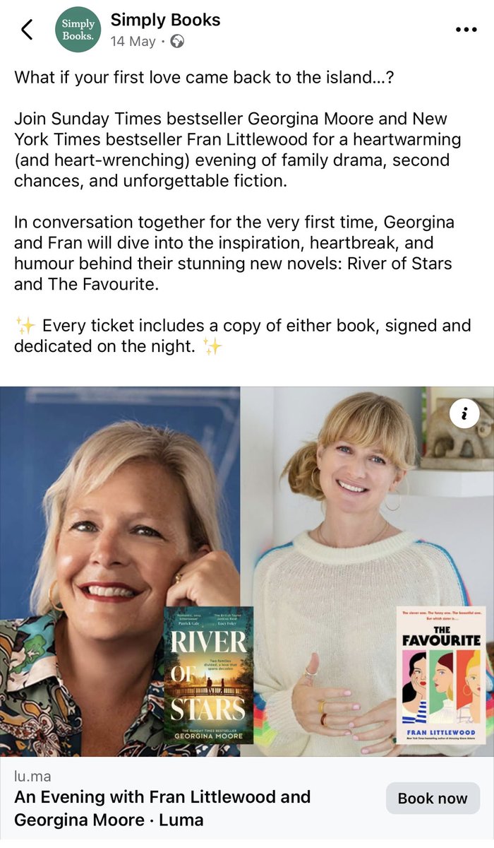 Georgina Moore (@publicitybooks) on Twitter photo Excited to finally visit <a href="/simplybookshq/">Simply Books</a> with the lovely Fran Littlewood on 30th June. Having met Karen & her son recently at an event & then at the Nibbies I am even more keen to see their amazing shop. Come & join us 7pm & the shop is near Stockport. 🎫 lu.ma/FandG?fbclid=I… Excited to finally visit <a href="/simplybookshq/">Simply Books</a> with the lovely Fran Littlewood on 30th June. Having met Karen & her son recently at an event & then at the Nibbies I am even more keen to see their amazing shop. Come & join us 7pm & the shop is near Stockport. 🎫 lu.ma/FandG?fbclid=I…