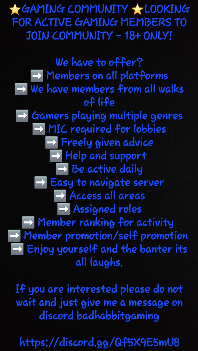 We are always on the look out for new active members within the gaming community, #Discord is setup with user friendly in mind. So come and hang out,lets talk games and life along with banter 🫡
#GamingCommunity 
#SupportSmallStreamers 
<a href="/BadhabbitGaming/">Badhabbitgaming</a>