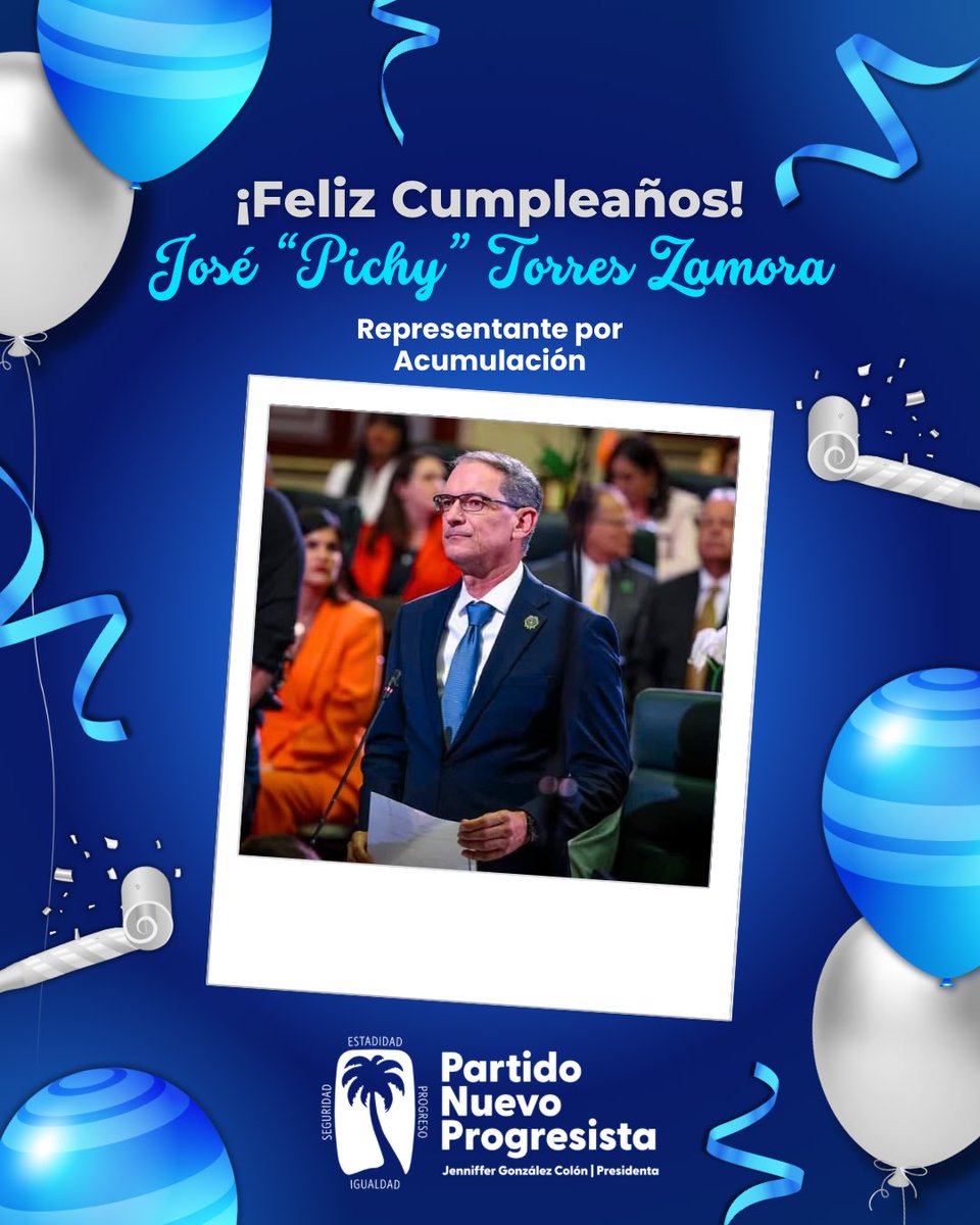 Partido Nuevo Progresista (@pnp_pr) on Twitter photo 🎉 ¡Feliz cumpleaños al representante José “Pichy” Torres Zamora! 🎂
Celebramos la vida de un servidor público comprometido con Puerto Rico y defensor incansable de la Estadidad. Te deseamos un nuevo año lleno de salud, éxito y bendiciones.
<a href="/PichyZamora/">Pichy Torres Zamora</a> 🎉 ¡Feliz cumpleaños al representante José “Pichy” Torres Zamora! 🎂
Celebramos la vida de un servidor público comprometido con Puerto Rico y defensor incansable de la Estadidad. Te deseamos un nuevo año lleno de salud, éxito y bendiciones.
<a href="/PichyZamora/">Pichy Torres Zamora</a>