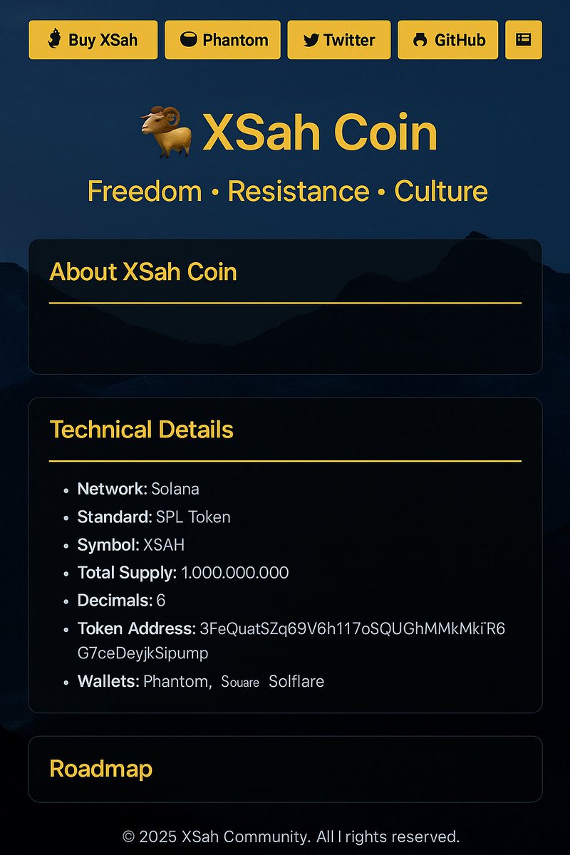 XsahCoin's tweet photo. 🐏 XSah Coin – More than a token.
A symbol of resistance, unity, and culture.

#XSah #Solana #Crypto #Web3 #FreeLikeAPeople https://t.co/VcyRAN3Rbp