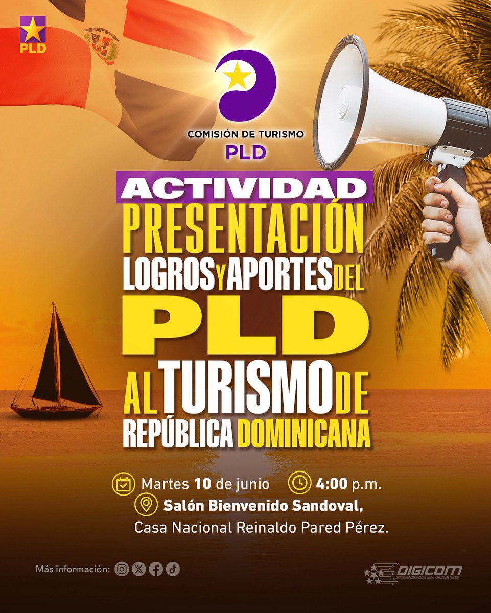 DIGICOMPLD's tweet photo. 🌴 El turismo en RD como lo conocemos hoy, también es un logro morado 🟣

Martes 10 de junio · 4:00 p.m., Casa Nacional Reinaldo Pared Pérez: 

Presentación de los logros y aportes del PLD al desarrollo del turismo dominicano.
Invita: Comisión de Turismo del PLD.🟣

#LogrosMorados #PLDTurismo
#DIGICOMPLD⭐️