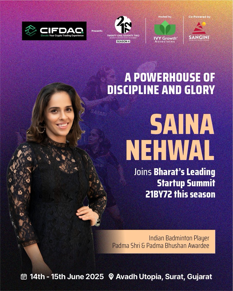 Ivy Growth Associates (@ivygrowth) on Twitter photo ๐ธ From the badminton court to Bharatโs biggest startup stage โ <a href="/NSaina/">Saina Nehwal</a> is joining 21BY72: Bharatโs Leading Startup Summit!
A true icon of grit, glory & game-changing mindset.
๐ Avadh Utopia, Surat | ๐๏ธ14โ15 June, 2025
๐๏ธ 21by72.com
#21BY72 ๐ธ From the badminton court to Bharatโs biggest startup stage โ <a href="/NSaina/">Saina Nehwal</a> is joining 21BY72: Bharatโs Leading Startup Summit!
A true icon of grit, glory & game-changing mindset.
๐ Avadh Utopia, Surat | ๐๏ธ14โ15 June, 2025
๐๏ธ 21by72.com
#21BY72