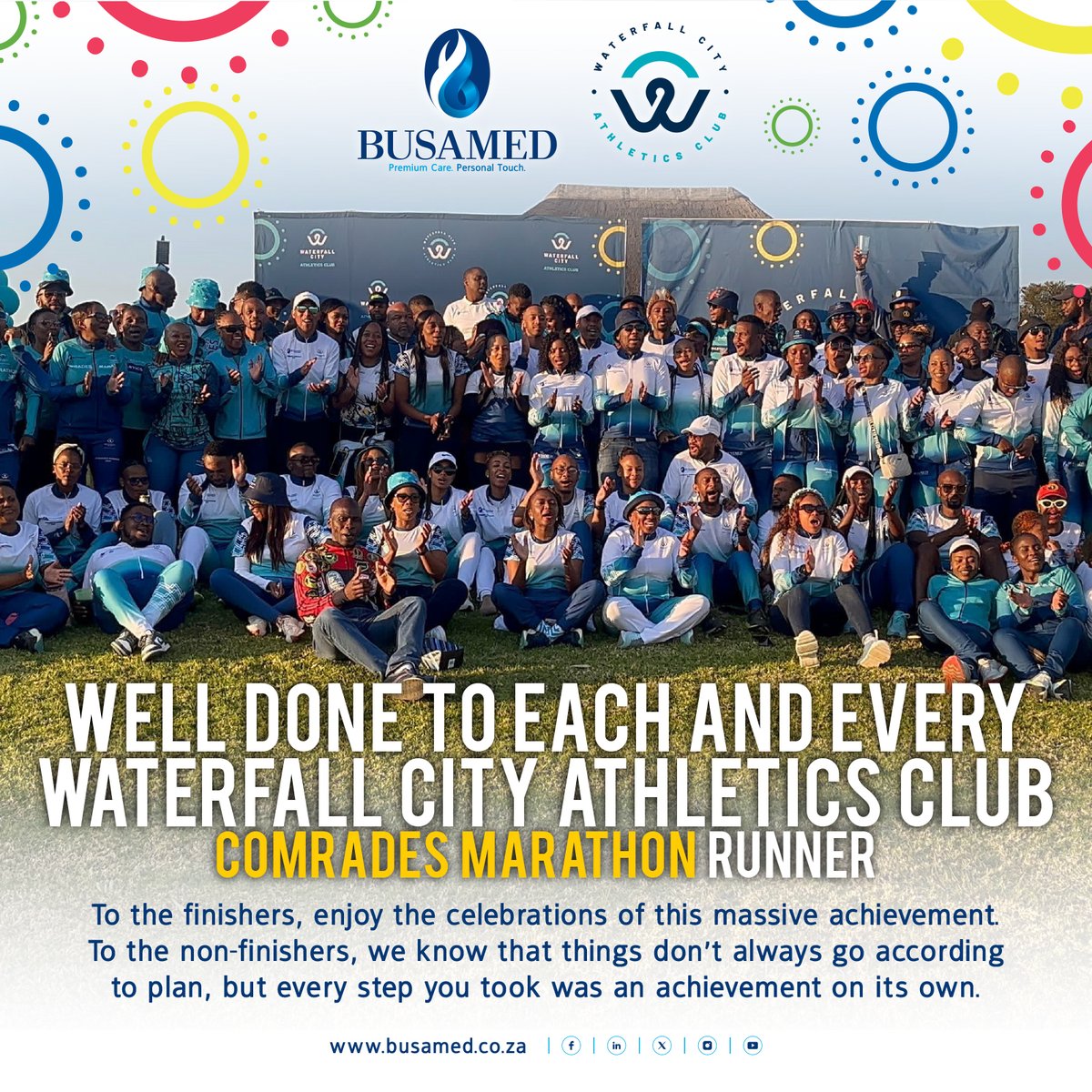 Well done to every Waterfall City Athletics Club runner! Whether you crossed the finish line/not, completing any part of the 89.98km Comrades Marathon is a huge achievement. Busamed proudly celebrates your courage, discipline &amp; heart. #WCACxBusamed2025 #ComradesMarathon #Busamed