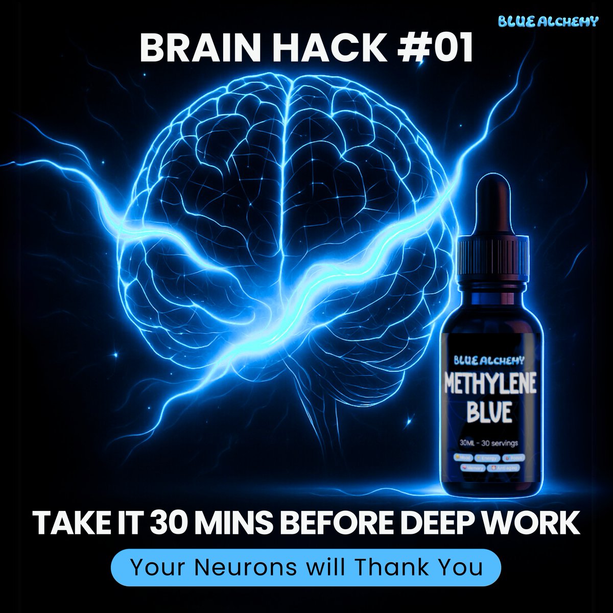BlueAlchemyLab's tweet image. 💧 One drop. Infinite benefits.
⚡ Focus | 🔋 Energy | 🧠 Memory | 😊 Mood Boost
#MethyleneBlue #BiohackYourBrain #NootropicPower #BlueAlchemy