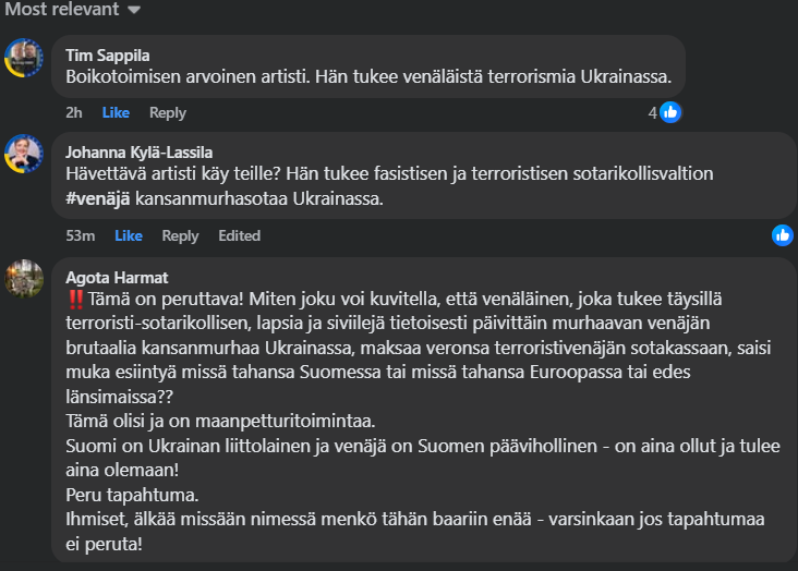 Ei anneta tapahtua. venäjän kansanmurhaa tukeva, venäläinen ei saa esiintyä Suomessa missään, koskaan. Kommentoi ja protestoi facessa, kiitos.
