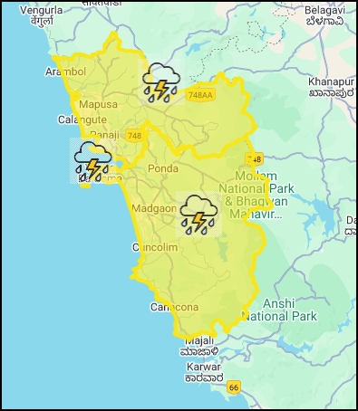 GoaImd's tweet photo. Light to Moderate rainfall/thundershowers is very likely to occur at a few places over North Goa, South Goa in the next 1-3 hrs.Clouds are present over the talukas of Pernem, Bardez, Tiswadi, Bicholim, Sanguem &amp; Canacona. 
#Konkan #Goa #Goaweather #rainfall #goarains #monsoon https://t.co/RtyroWl394