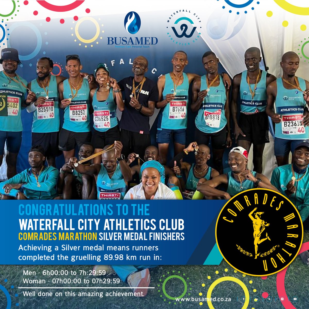 Busamed is more than just a healthcare provider — we're part of your team. Congratulations to the WCAC Silver Medalists who conquered 89.98 km with heart, strength, and stamina. We’re proud to stand behind every step you take. #WCACxBusamed2025 #ComradesMarathon #Busamed