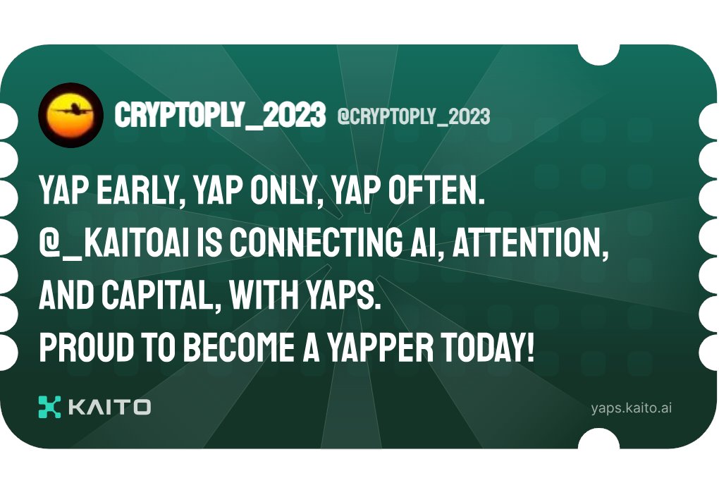 Yap early, yap only, yap often.

<a href="/KaitoAI/">Kaito AI 🌊</a> is connecting AI, attention and capital with Yaps.

Just claimed my social card and I'm accumulating Yap points in real-time.

Claim yours 👉 yaps.kaito.ai/referral/14192…