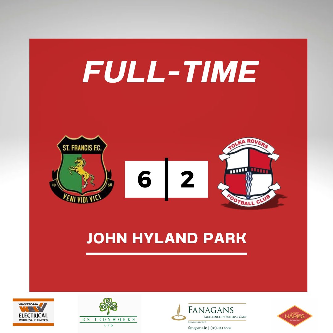 FULL-TIME | St. Francis 6–2 Tolka Rovers
📍 John Hyland Park

A tough result to finish the campaign — but what a season it’s been.
🏆 League Champions 2024/25 — mission accomplished.

⚽️ Goals:
Jordan Pitshou
Daniel McMillan

Thanks to all our players, staff, and supporters