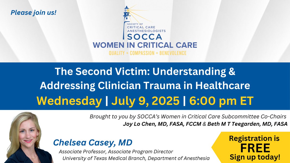 Join fellow WICC members in ONE MONTH for the next WICC Webinar, Wednesday, July 9th at 6pm ET: The Second Victim: Understanding &amp; Addressing Clinician Trauma in Healthcare  by Chelsea Casey, MD - Registration is FREE, sign up today: shorturl.at/tCLBY