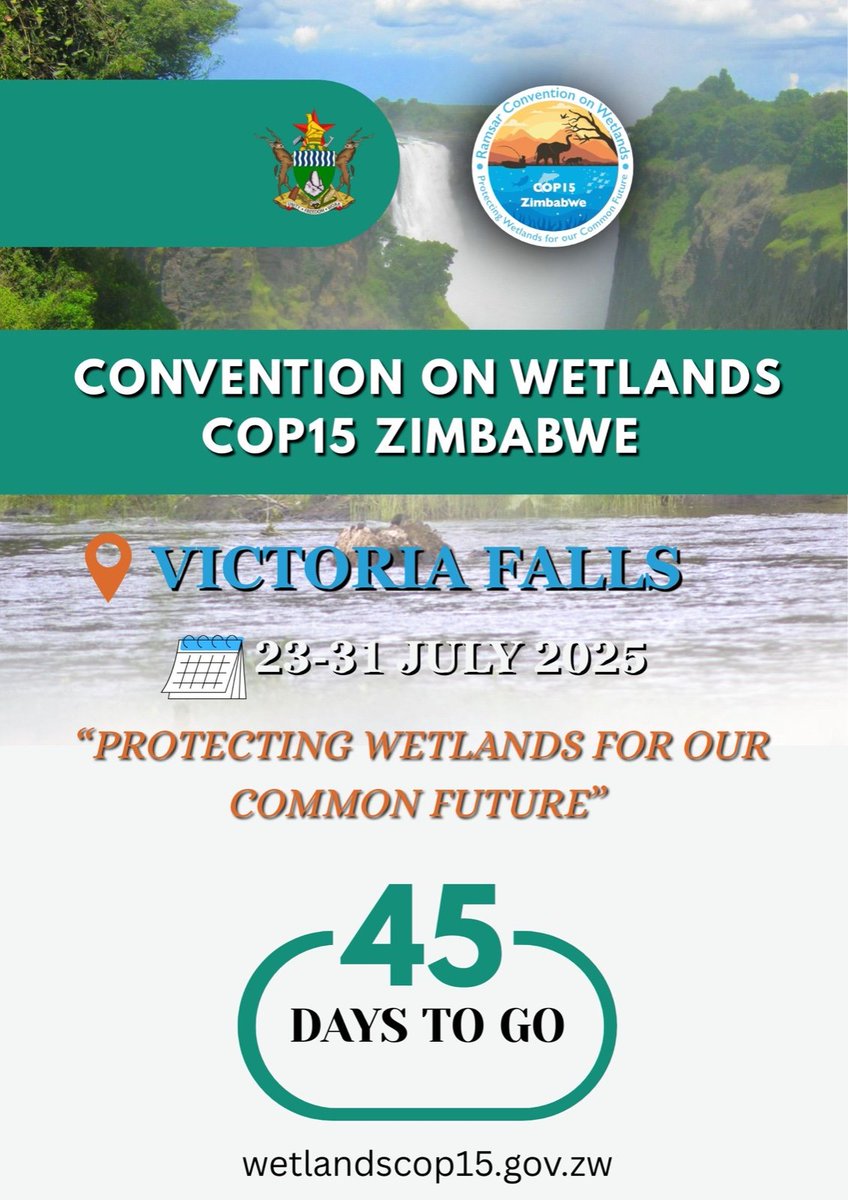 Ministry of Environment, Climate and Wildlife (@minoecw) on Twitter photo Only 45 days left until COP15 kicks off in Victoria Falls, Zimbabwe! From July 23rd-31st, 2025.
To register, go to wetlandscop15.gov.zw, fill in your details, and attach your nomination letter.
Registration closes on 30 June 2025!
<a href="/RamsarConv/">Convention on Wetlands</a>
#COP15
#wetlands Only 45 days left until COP15 kicks off in Victoria Falls, Zimbabwe! From July 23rd-31st, 2025.
To register, go to wetlandscop15.gov.zw, fill in your details, and attach your nomination letter.
Registration closes on 30 June 2025!
<a href="/RamsarConv/">Convention on Wetlands</a>
#COP15
#wetlands