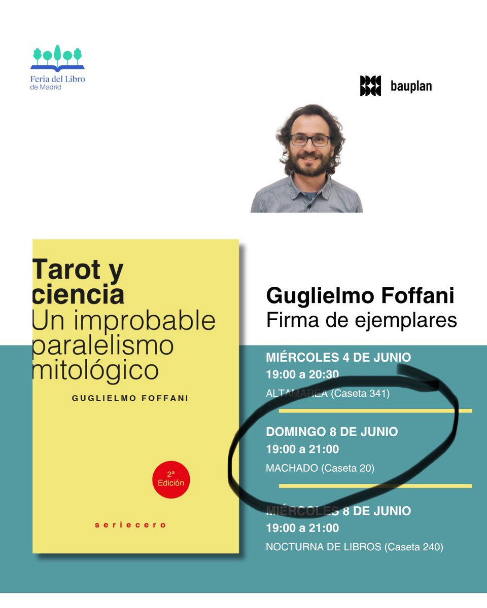 editorial bauplan (@bauplanbooks_ed) on Twitter photo 📚Esta tarde, a partir de las 19:00h. <a href="/GFoffani/">Guglielmo Foffani</a> estará en <a href="/FLMadrid/">Feria del Libro de Madrid</a> firmando ejemplares de 'Tarot y ciencia'
Caseta 20 <a href="/LibreriaMachado/">Libreria Machado</a> 📚Esta tarde, a partir de las 19:00h. <a href="/GFoffani/">Guglielmo Foffani</a> estará en <a href="/FLMadrid/">Feria del Libro de Madrid</a> firmando ejemplares de 'Tarot y ciencia'
Caseta 20 <a href="/LibreriaMachado/">Libreria Machado</a>