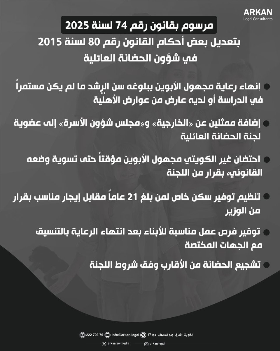 مرسوم بقانون رقم 74 لسنة 2025 بتعديل بعض أحكام القانون رقم 80 لسنة 2015 في شؤون الحضانة العائلية