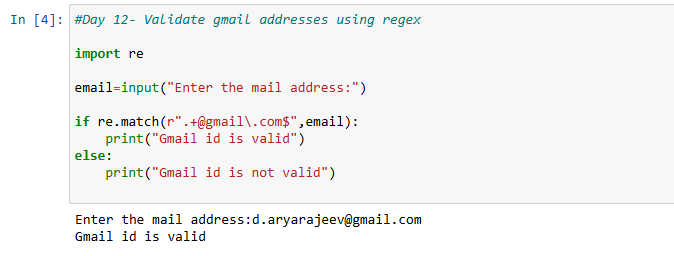 aryadevir's tweet photo. 𝗗𝗮𝘆 𝟭𝟮
𝗧𝗼𝗽𝗶𝗰𝘀- re module, pattern matching
𝗖𝗵𝗮𝗹𝗹𝗲𝗻𝗴𝗲- Validate gmail addresses using regex
Thank you @indiandataclub  for the learning opportunity. https://t.co/0ZD8L5qRpg