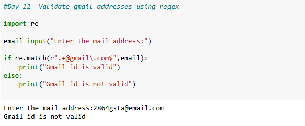 aryadevir's tweet photo. 𝗗𝗮𝘆 𝟭𝟮
𝗧𝗼𝗽𝗶𝗰𝘀- re module, pattern matching
𝗖𝗵𝗮𝗹𝗹𝗲𝗻𝗴𝗲- Validate gmail addresses using regex
Thank you @indiandataclub  for the learning opportunity. https://t.co/0ZD8L5qRpg