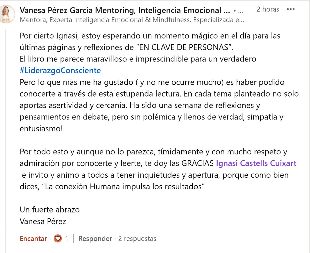 Excelente y generoso feedback de mi libro por parte de un contacto de #LinkedIn.