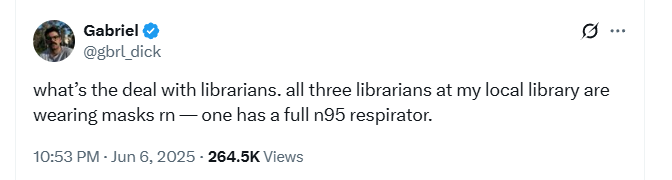 Adamfinkel0's tweet image. A "full N95 respirator"-- for the bumpkins, that is a 75-cent device, comfortable and safe, that reliably reduces exposure to aerosols containing SARS-Cov-2 by 80% or more. There are few indoor spaces more poorly ventilated than libraries. You're welcome. @19joho @j_g_allen