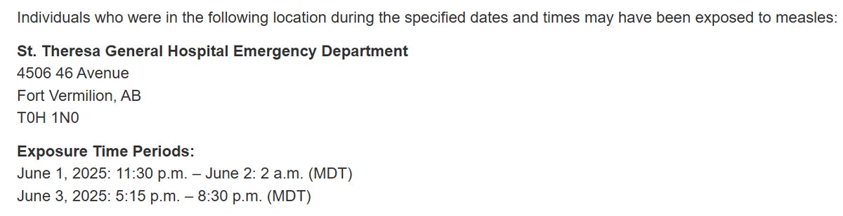 Alberta Health Services has been notified of a person with confirmed measles in the North Zone who has been in a public setting while infectious. Additional locations may be released if necessary. Learn more: