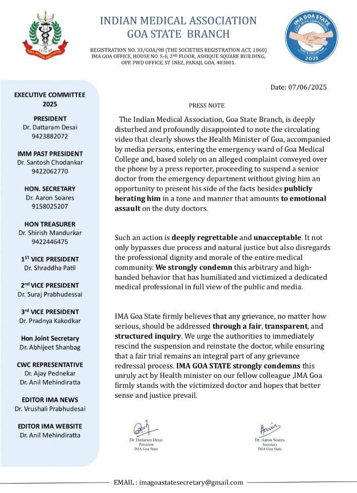 AIPC HEALTHCARE VERTICAL GUJARAT (@aipchealthguj) on Twitter photo Goa’s Health Minister Vishwajit Rane (<a href="/visrane/">Vishwajit Rane</a>) humiliated a doctor on camera, violating every norm of dignity, ethics & due process.
Doctors are not props in your political reel
Hospitals are not your stage
We stand with IMA Goa.
#DoctorsUnited #ShameOnRane #RespectHealthcare Goa’s Health Minister Vishwajit Rane (<a href="/visrane/">Vishwajit Rane</a>) humiliated a doctor on camera, violating every norm of dignity, ethics & due process.
Doctors are not props in your political reel
Hospitals are not your stage
We stand with IMA Goa.
#DoctorsUnited #ShameOnRane #RespectHealthcare