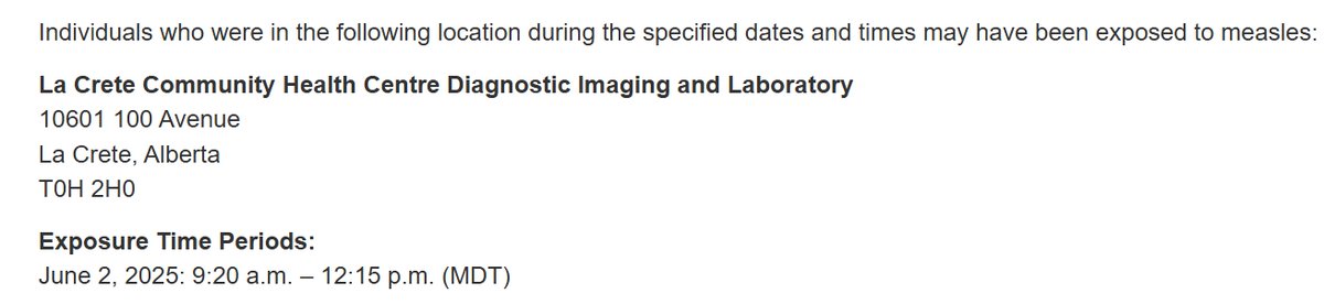 Alberta Health Services has been notified of a person with confirmed measles in the North Zone who has been in a public setting while infectious. Additional locations may be released if necessary. Learn more: albertahealthservices.ca/news/Page19089…