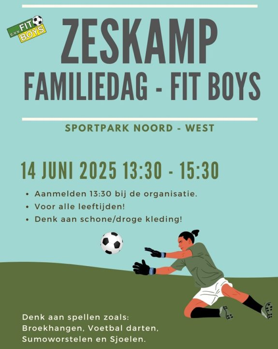Zaterdag 14 juni, <a href="/STsportparkNW/">Sportpark Noord-West</a> Zonnebrand mee! Het wordt 34 graden! 🌞😎

Het is dan tijd voor de <a href="/cvvFIT_Boys/">cvv FIT Boys</a> FAMILIEDAG! Het sportpark kleurt Groen-Geel! 💚💛

Met een vol programma en de Zeskamp! Welk team gaat met er met de 1e plaats van door?

#totzaterdag #demooisteclub