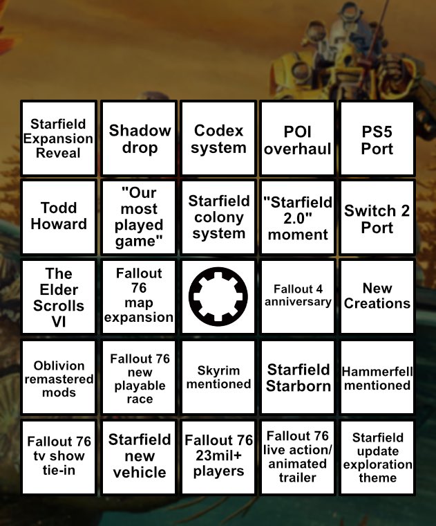 Kal | Bethesda Beyond (@bethesdabeyond) on Twitter photo Today’s the day.
Here it is. <a href="/BethesdaStudios/">Bethesda Game Studios</a> bingo card. Starfield. Fallout. Elder Scrolls.
Who’s excited? 🙋♂️ Today’s the day.
Here it is. <a href="/BethesdaStudios/">Bethesda Game Studios</a> bingo card. Starfield. Fallout. Elder Scrolls.
Who’s excited? 🙋♂️