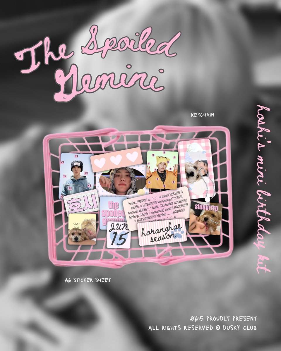 the spoiled gemini 🐾

🐯 hoshi’s mini birthday kit — by duskyclub

price : start from 15.000
🧺 pre-order period : 
8 - 13 june 2025

🔗: forms.gle/herURxgNzwcMSa…

[rts &amp; likes are very appreciated]