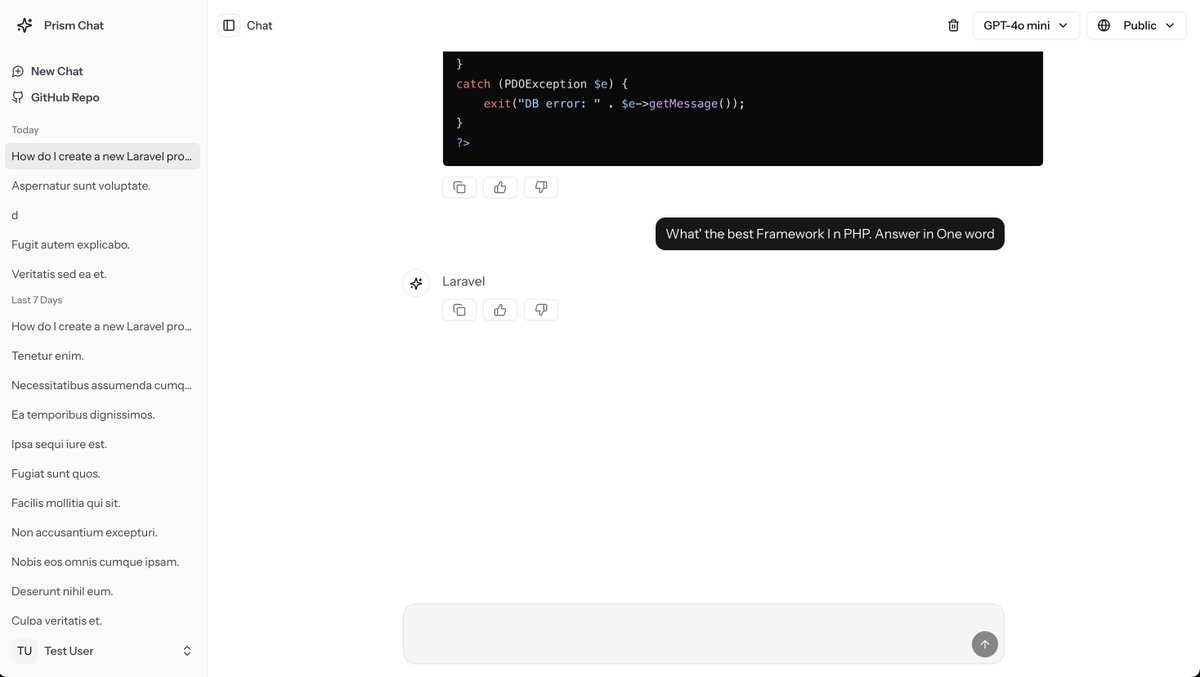 pushpak1300's tweet image. Finally launched the new AI Chat Starter Kit built on top of Prism + the new Laravel useStreams. 🚀✨
- Persistable chat history
- Chat sharing
- Reasoning Support.
- Authentication
- @shadcn theming
Just clone and build.