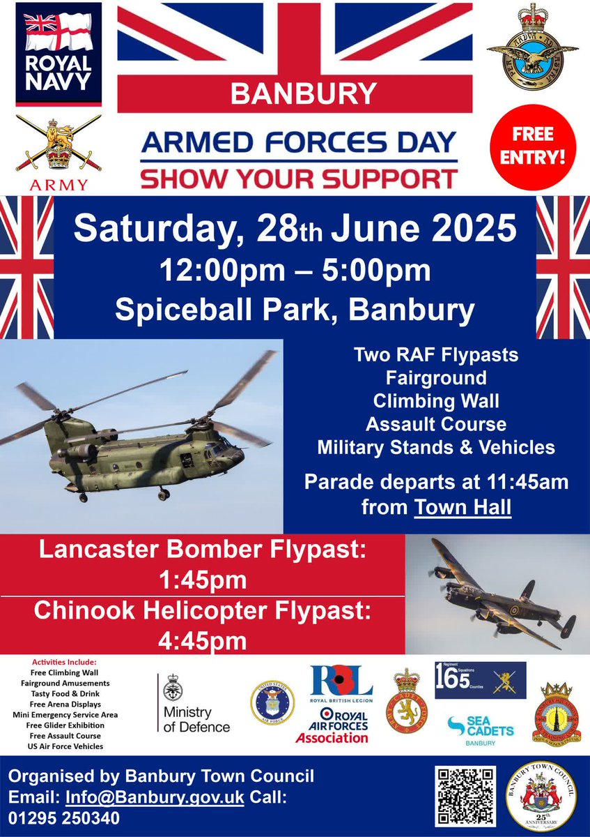 ExperienceOx's tweet image. The #Banbury Armed Forces Day event is taking place on Sat 28 June, from 12-5pm. 📅🛩 See two flypasts and the military parade, enjoy free activities, live music, food and drink and much more. 🎉

Find out more ➡ bit.ly/3ZkhpYN

#ExperienceOx #Oxfordshire