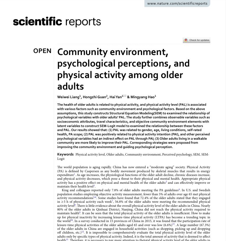 Older adults living in a walkable 🚶🏽‍♀️ community are more likely to improve their #physicalactivity level. 

A walkable #community environment with supportive infrastructure, such as flat and clean roads, various service facilities, can play an enabling role in #mobility and