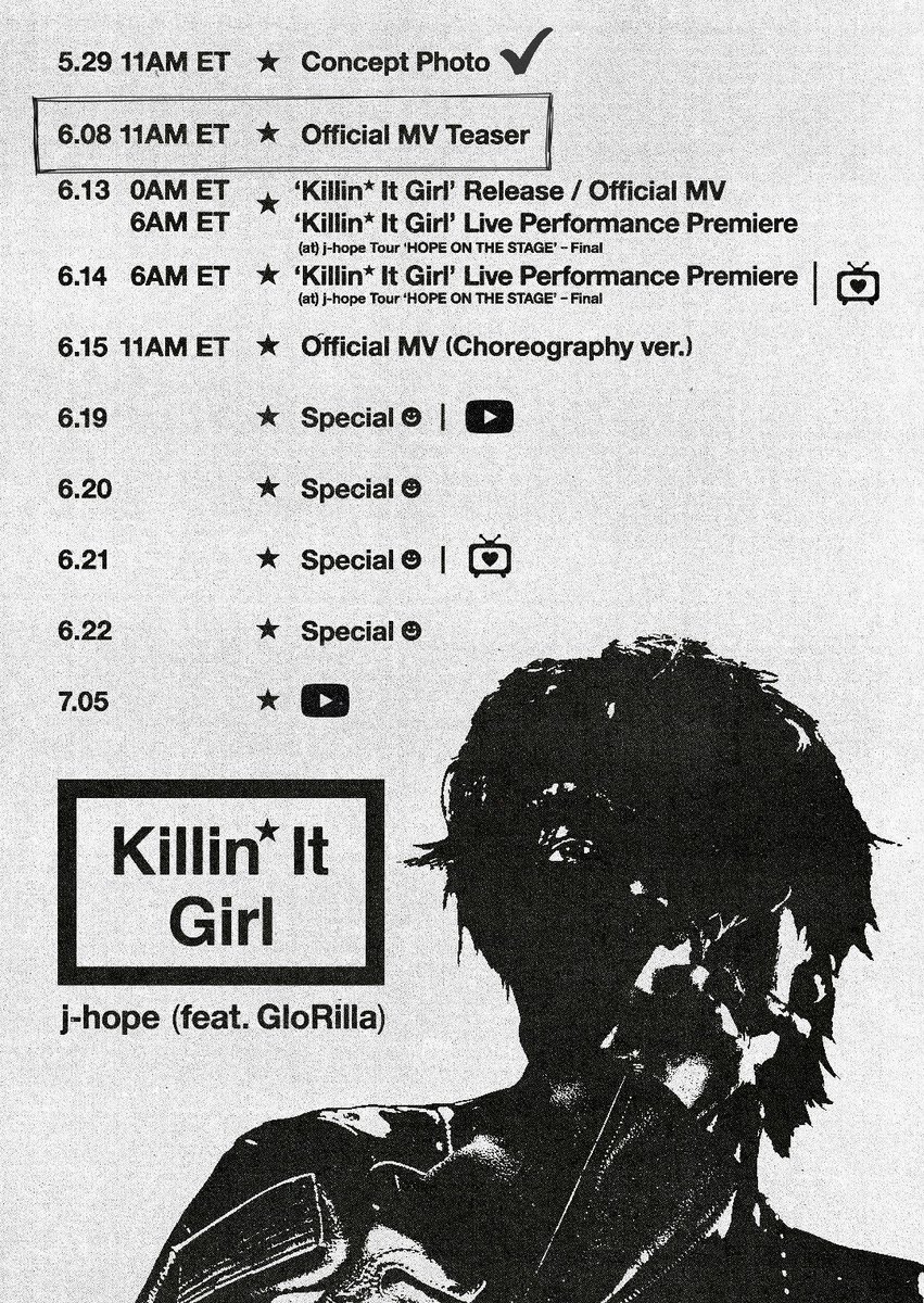jhopeteamina's tweet photo. [🔔] 1 hours left!

‘Killin* It Girl’ by j-hope (feat. GloRilla) Official MV Teaser will be released.

RT &amp; REPLY 👇🏻

KILLIN IT GIRL MV TEASER
KILLIN IT GIRL IS COMING
J-HOPE IS COMING
#jhope #제이홉 #jhope_KillinItGirl https://t.co/xBjRqAMJDt