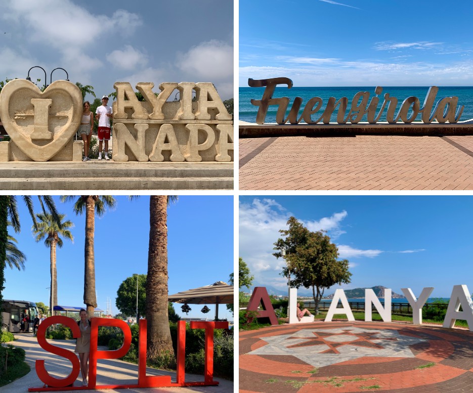 Van die letters, je ziet ze tegenwoordig op heel veel bestemmingen. Hier zie je Ayia Napa, Fuengirola, Split &amp; Alanya. Vier toeristische bestemmingen, maar alle 4 weer anders en met genoeg moois te zien en doen in de omgeving. 
Waar op #vakantie zag jij onlangs van zulke letters?